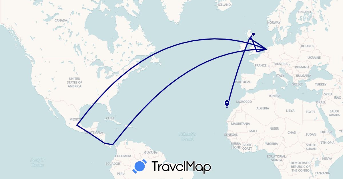 TravelMap itinerary: driving in Costa Rica, Spain, United Kingdom, Mexico, Netherlands, Panama (Europe, North America)